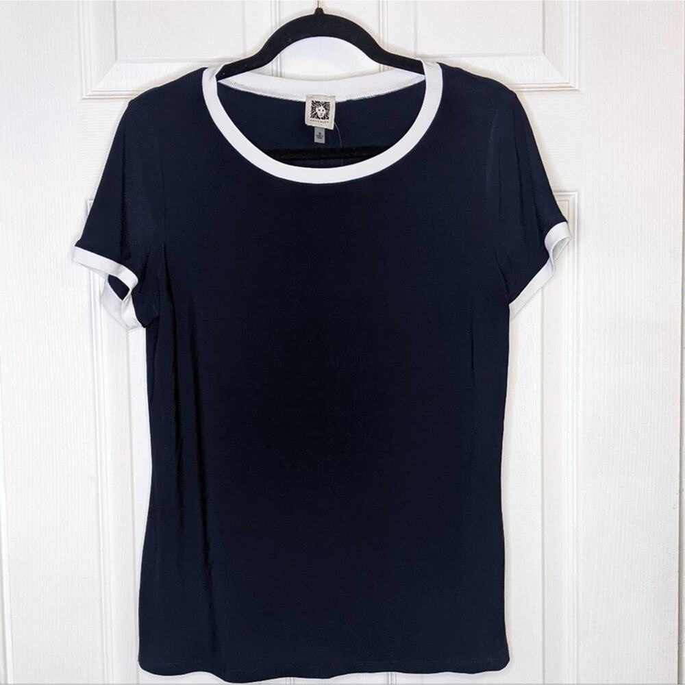 Anne Klein Navy Blue Dress Top White Trim Collar & Sleeves Button Down Back M
